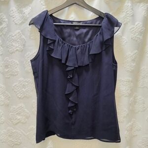St John Navy Blue Ruffle Front Silk Chiffon Sleeveless Blouse Top Large